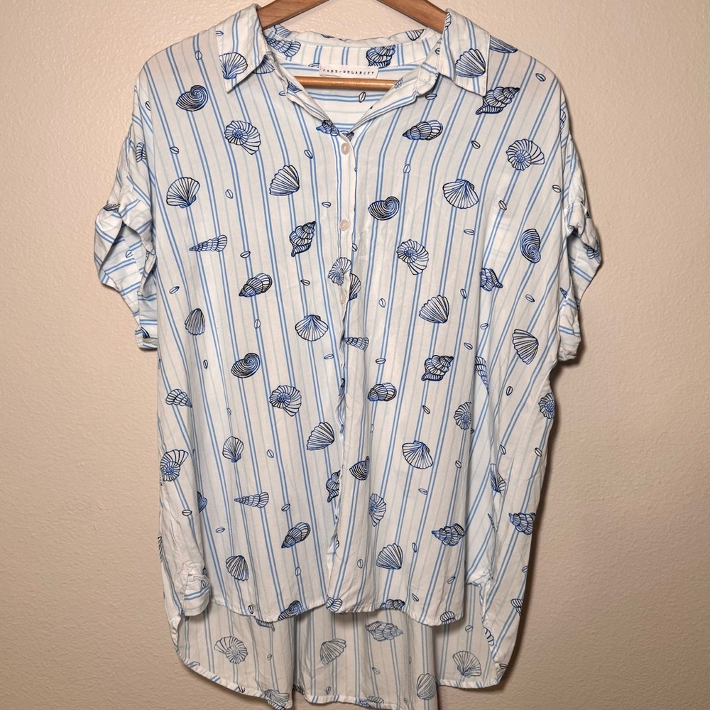 Jane Delancey Seashell Stripe Top XL Blue White Coastal Button Front